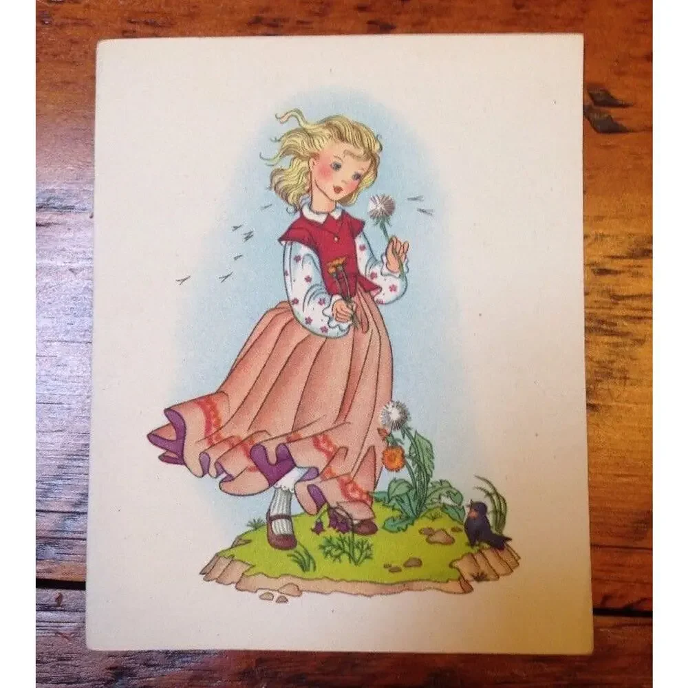 Vintage 40s Brownie Little Girl Dress Dandelion Flower Wind Blank Greeting Card